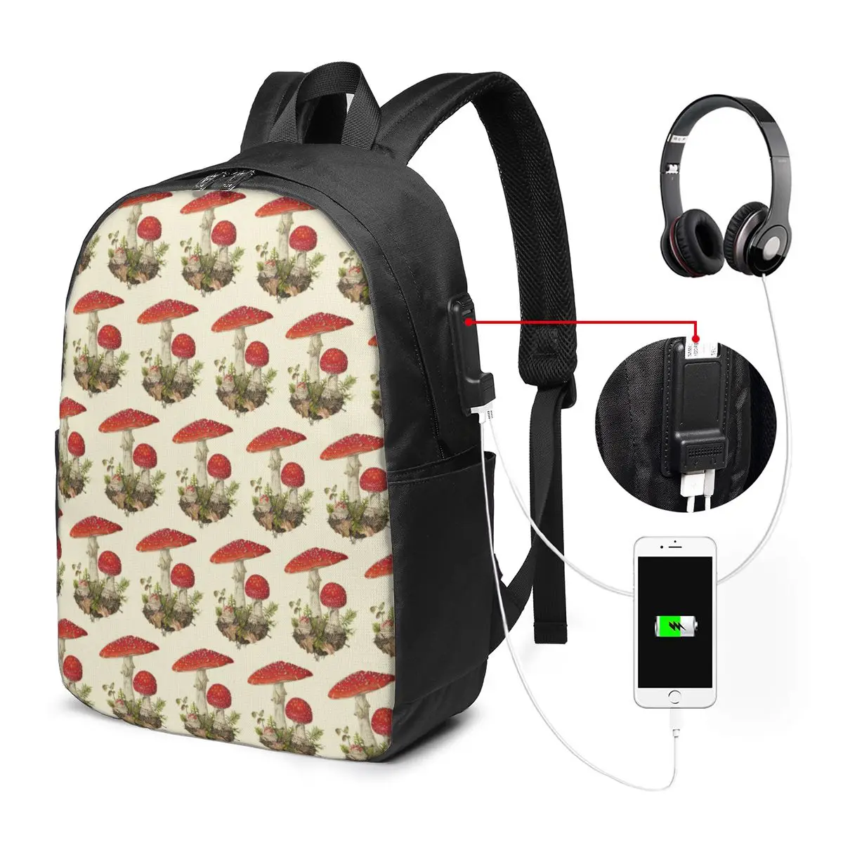 Red Mushroom And Plant Design Backpack Travel Notebook Bag Computer College Student School Bag Laptop Shoulder Bags Men Women