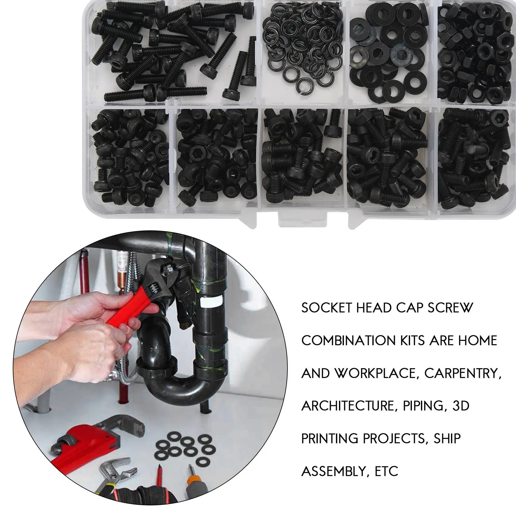 

ABJY 300 Pcs Nuts Bolts Set Hex Bolts Nut and Washer Assortment Screws Bolts M3 Tool Kit with Plastic Box (Black)