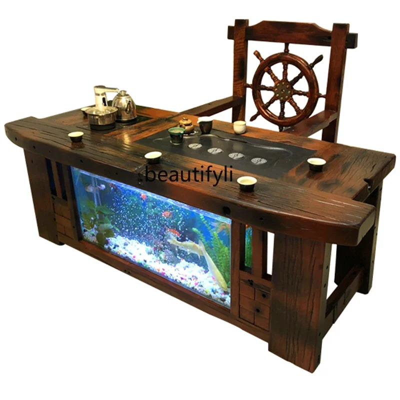 

ss newOld Ship Wood Table-Chair Set Fish Tank Running Water Office Tea Table New Chinese Kung Fu Tea Table