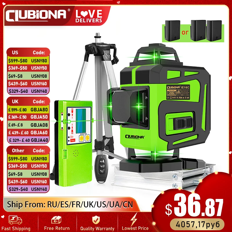 CLUBIONA 3D/4D 12/16 Lines Green Laser Level 360 Horizontal Vertical Cross-Line Self-Leveling Remote Control with 1/2 Batteries