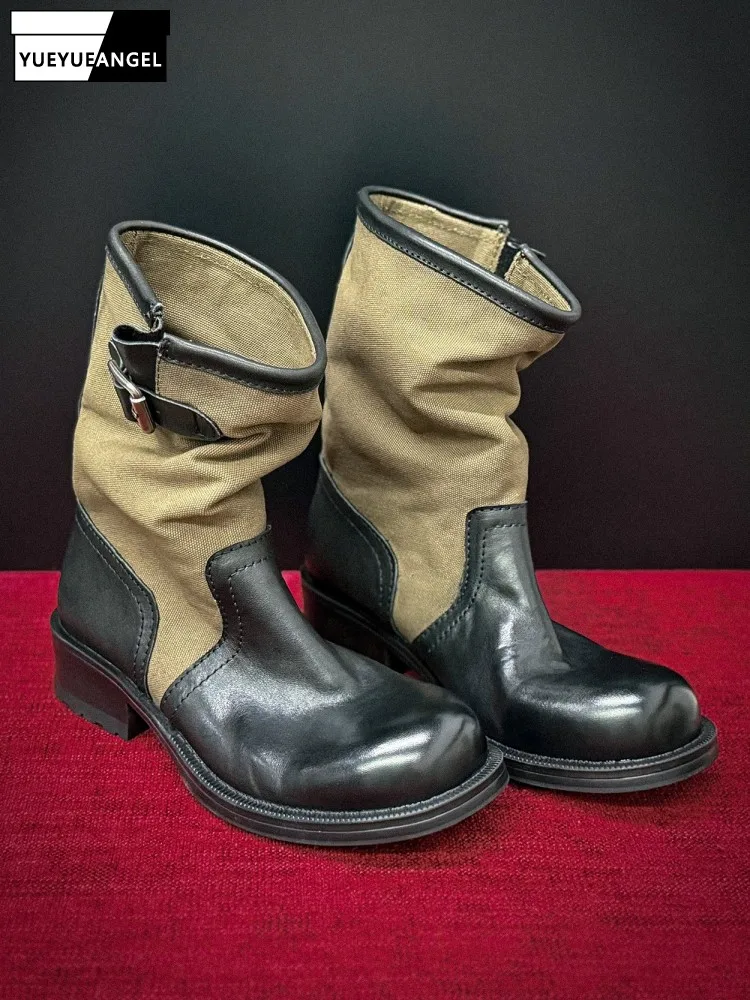 Women Genuine Leather Short Boots Patchwork Canvas High Quality Vintage High Top Shoes Slip On Round Toe Handmade Knight Boots