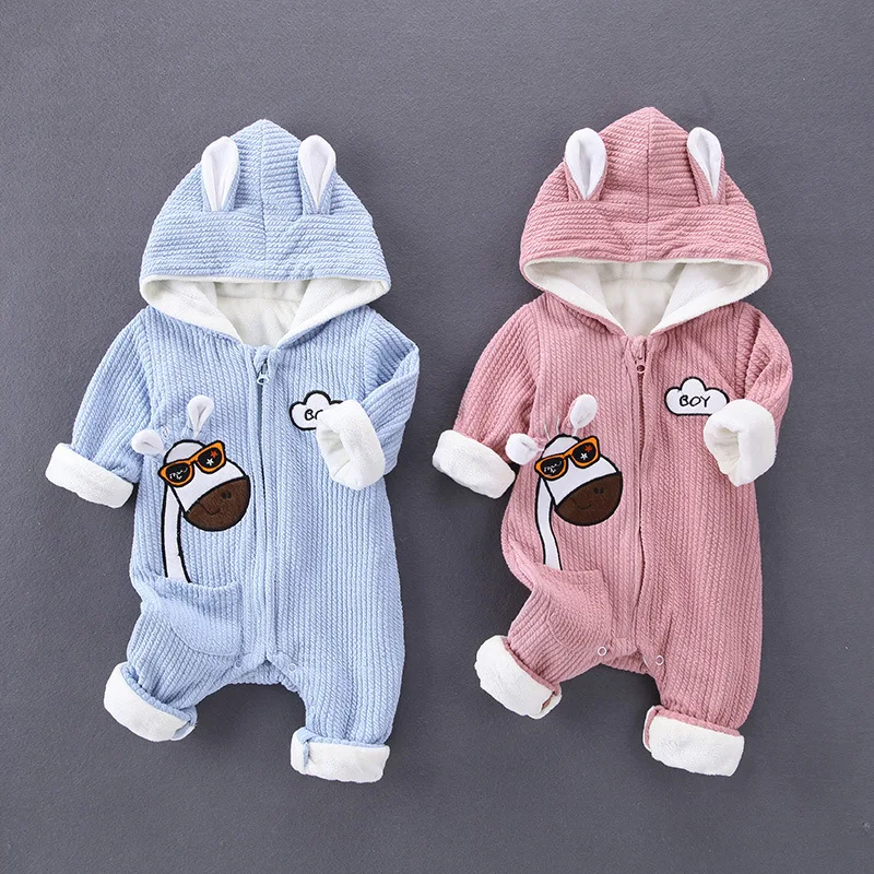 Winter Newborn Cashmere Romper Baby Girl Hooded Infant Children Clothes Onesie Jumpsuit Cartoon Home Warm Toddler Boys Costume