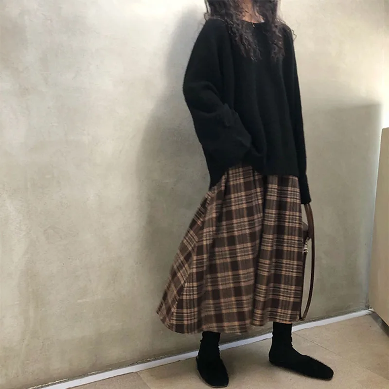 موضة منقوشة التنانير للنساء الخريف الشتاء عالية الخصر Vintage ملابس أنيقة النساء ألف خط ميدي التنانير الإناث ملابس غير رسمية جديد #4