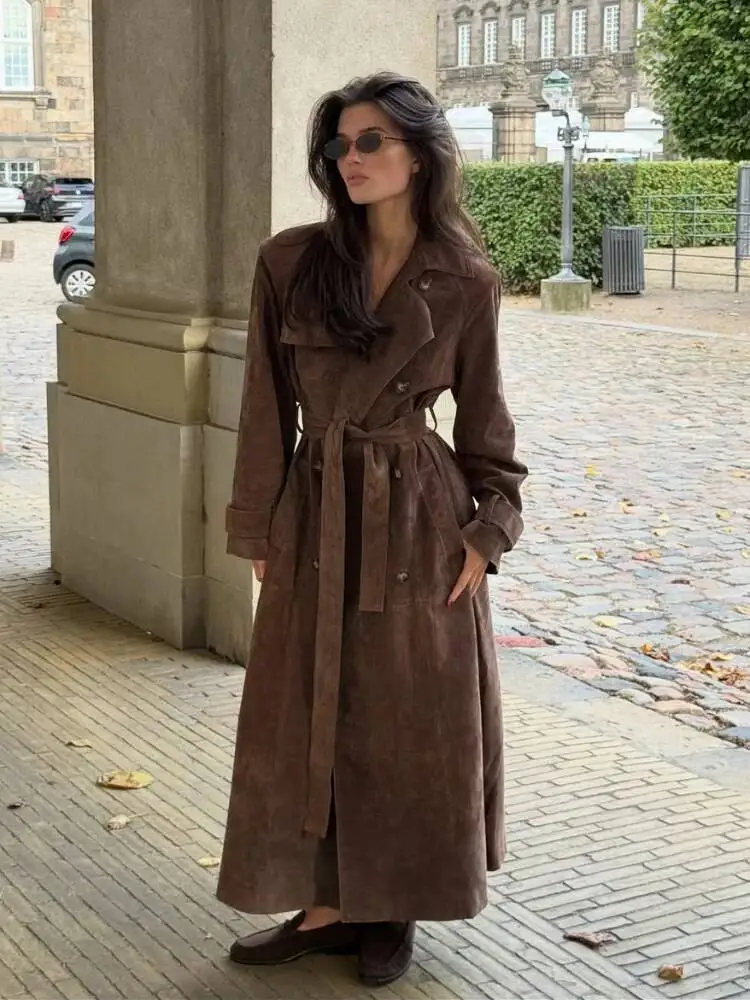 

Vintage Solid Faux Suede Maxi Coat Women Fashion Lapel Single-Breasted Long Sleeve Tie-Up Outwears Lady 2026 Daily Streetwears