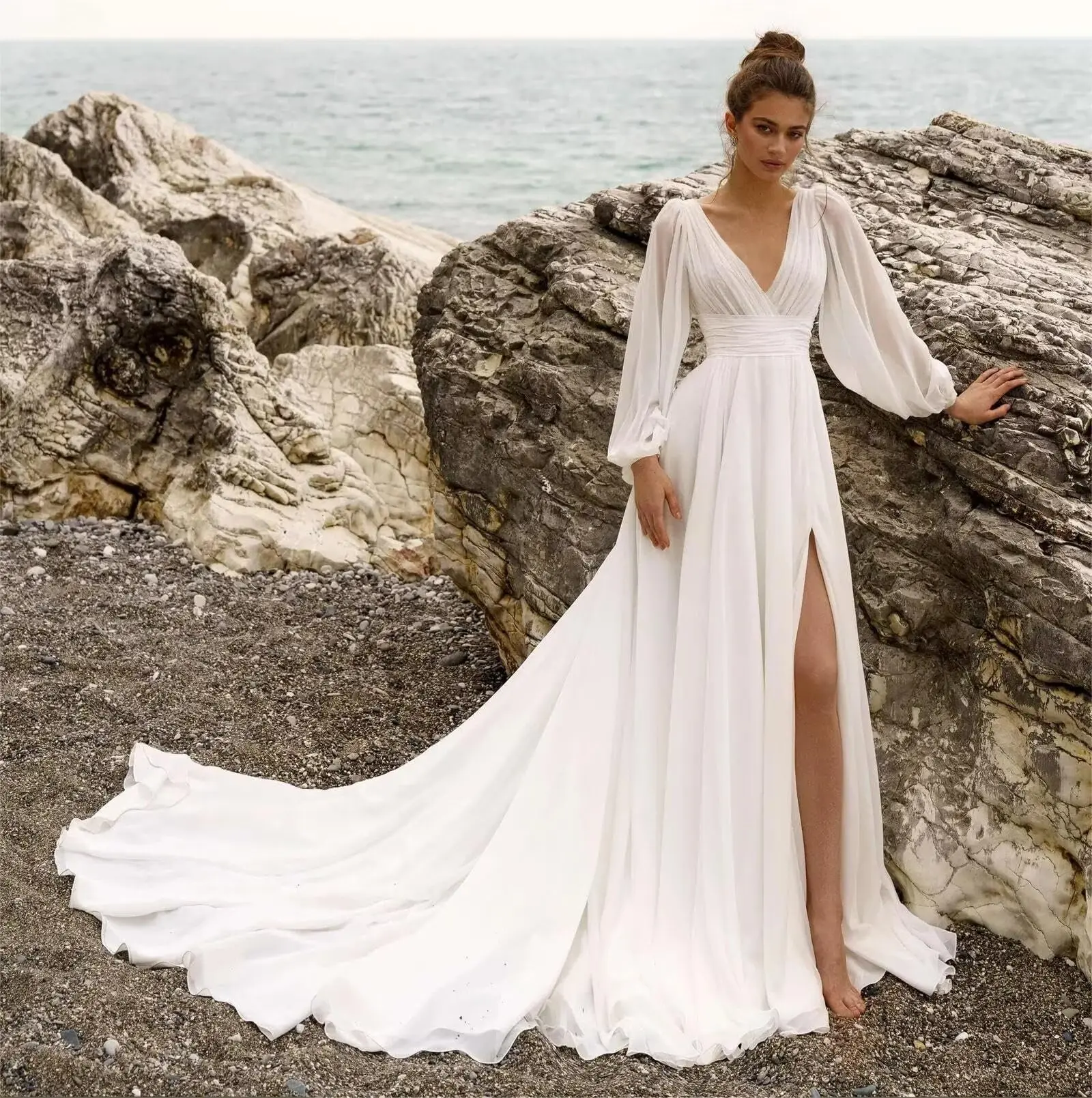 

Beach Long Sleeve Wedding Dresses for Bride V Neck Empire Waist Slit A Line Chiffon Bridal Gown with Train