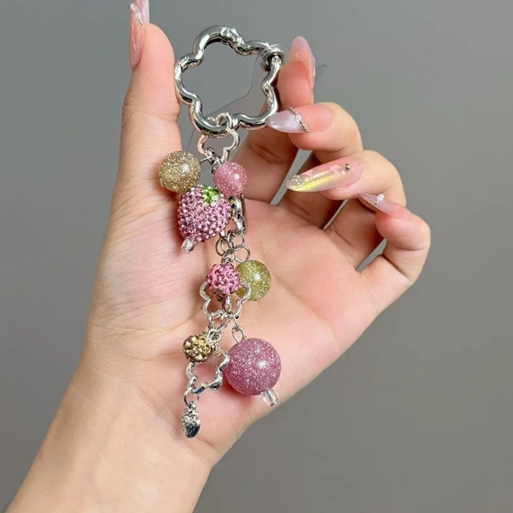 Cute Alloy Strawberry Keychain Pink Bead Phone Charm Sparkling Flower Hardware Bag Charm Women