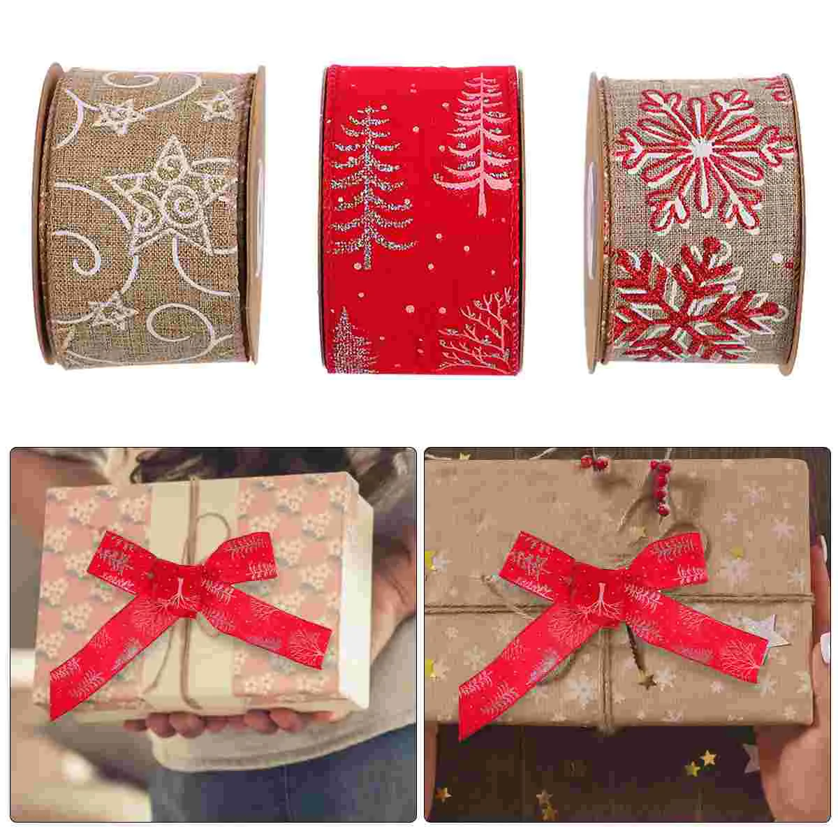 3 Rolls Christmas Ribbon Clear Printing Decorative Manual Woolen Hair Bow Polyester DIY Handmade Xmas Gift Wrapping