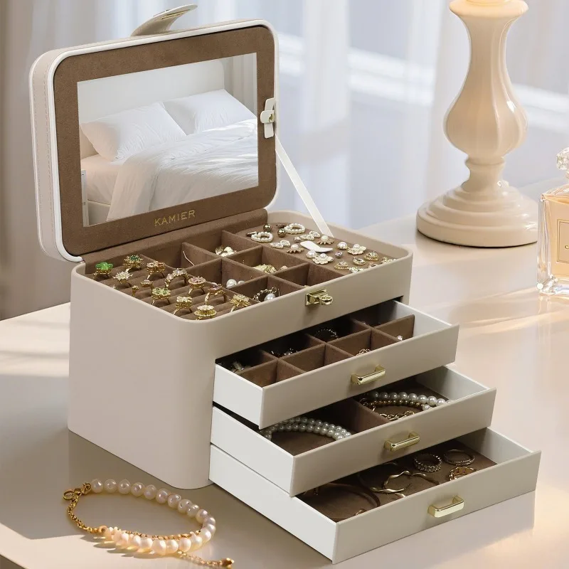 Large Capacity Jewelry Storage Box Leather Earrings Necklace Boxes Multi-layer Portable Jewelry Organizer Boxes with Mirror