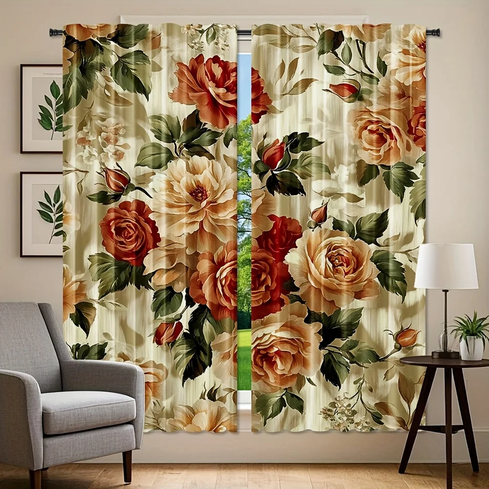 Vintage Rose Curtain Panels, Retro Red Beige Peony Rose Floral Leaf Print Drapes for Farmhouse Bedroom Warm Living Room Decor