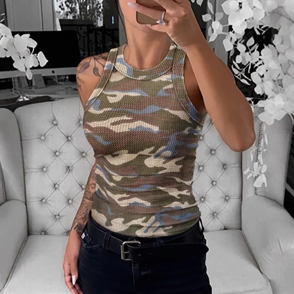 

Tank Top Women Clothing New 2024 Spring Fashion Knit Camouflage Print Round Neck Sleeveless Slim Fit Casual Daily Basic Vest