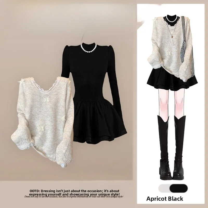 

Faionable Autumn Knitted Sweater And Slim Fit Dr Two Piece Set Women's Lazy Sle Anti-Aging Ensemble Casual Wear