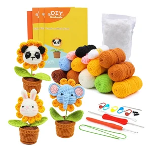 Crochet Kit For Beginners DIY Animal Panda,Elephant,Rabbit Crochet Kit Potted Crochet Knitting Kits Acrylic For Adults Beginner