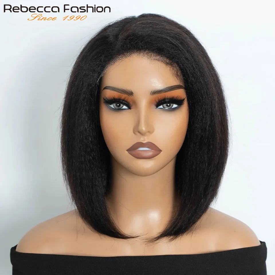 

Kinky Straight Bob Side Part Human Hair Lace Wig Pre Plucked 10 12inches Natural Hairline Wig Natural Black Color Glueless Wig