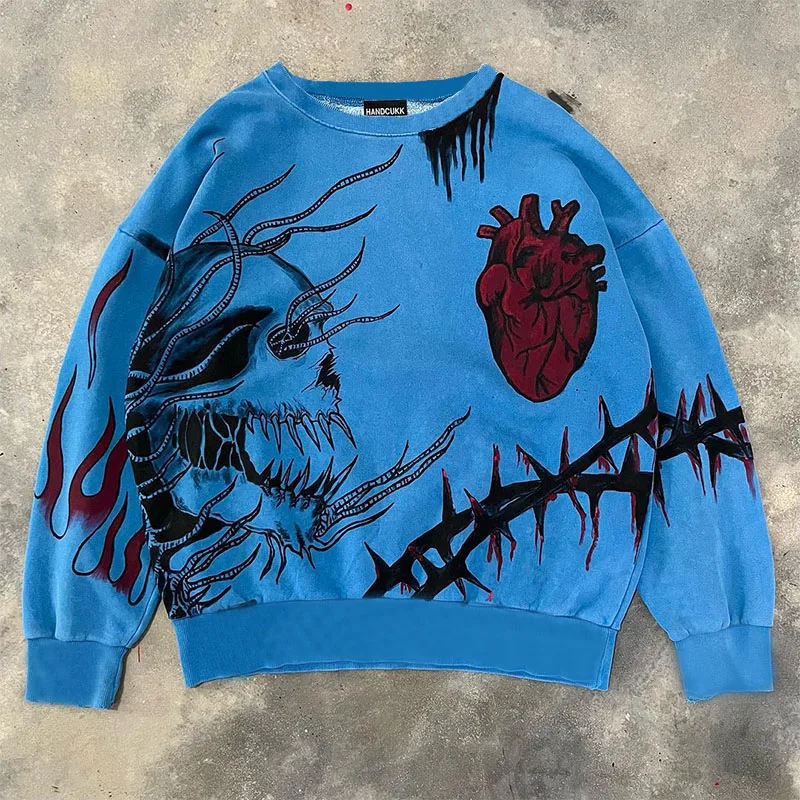 

Y2k Vintage Skull Graphic Blue Hoodie Fashion Loose Oversized Long Sleeve Sweatshirt Goth Streetwear Men Hip Hop O-neck Pullover