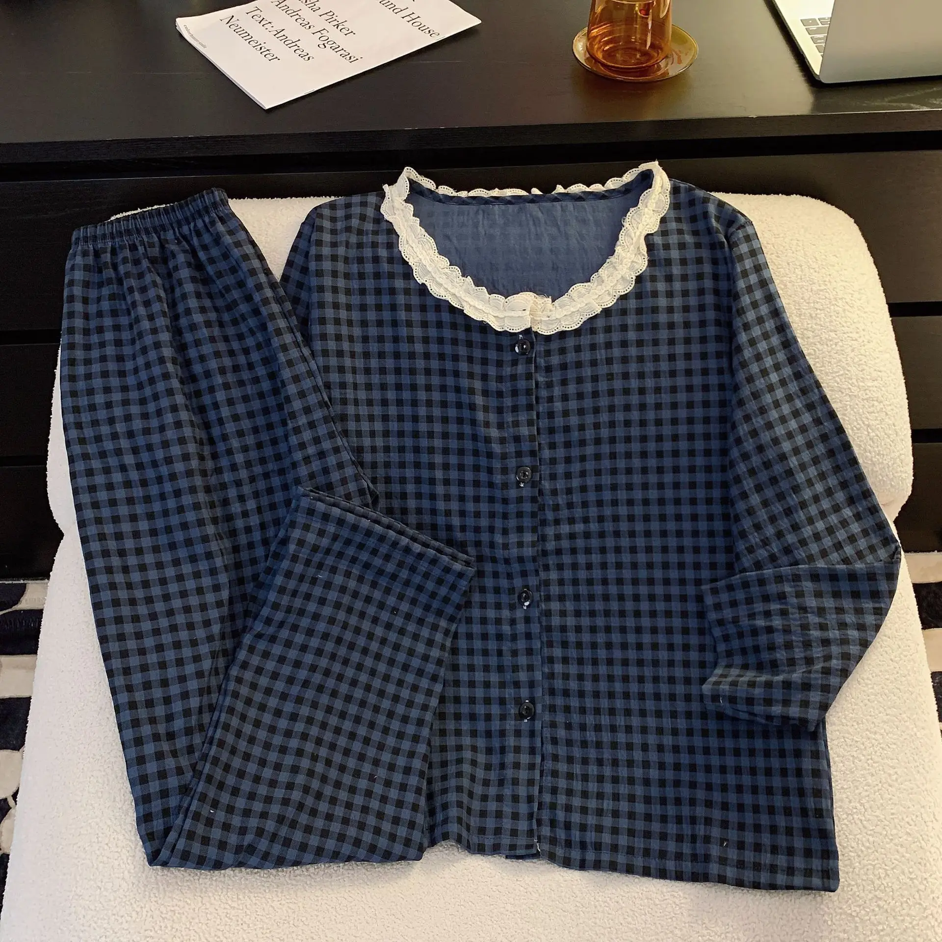 M-5XL Large Size Cloud Cotton Spring Autumn Pajamas Women's Korean Students Ins Plaid Sleepwear Long-sleeved Loose Loungewear
