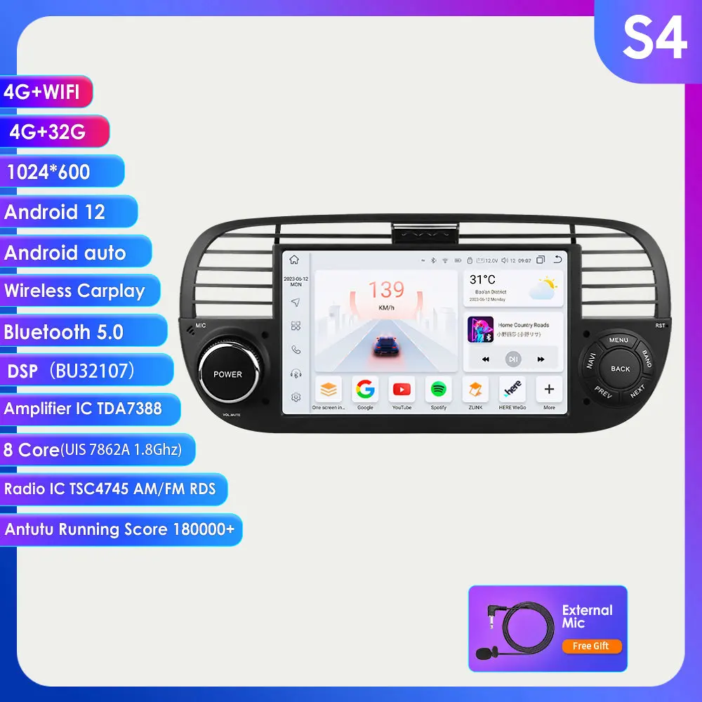 2 din Android Autoradio voor Fiat 500 2007-2015 Carplay Multimedia Video Player Autoradio Stereo 7 inch Intelligente GPS scherm
