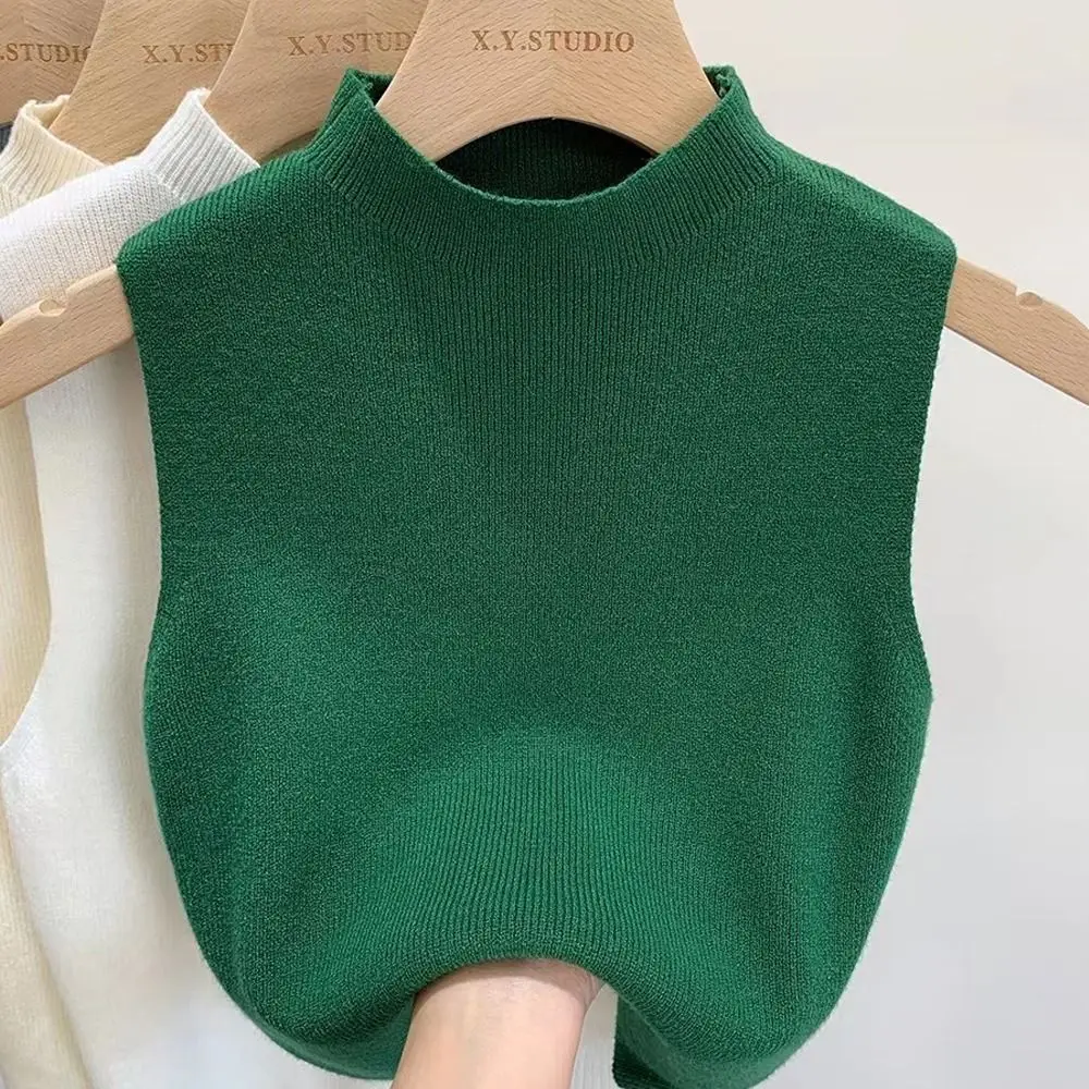 

Elegant Solid Color Knitted Vest Half-turtleneck Sleeveless Tees T-Shirt Slimming Cropped Top Women