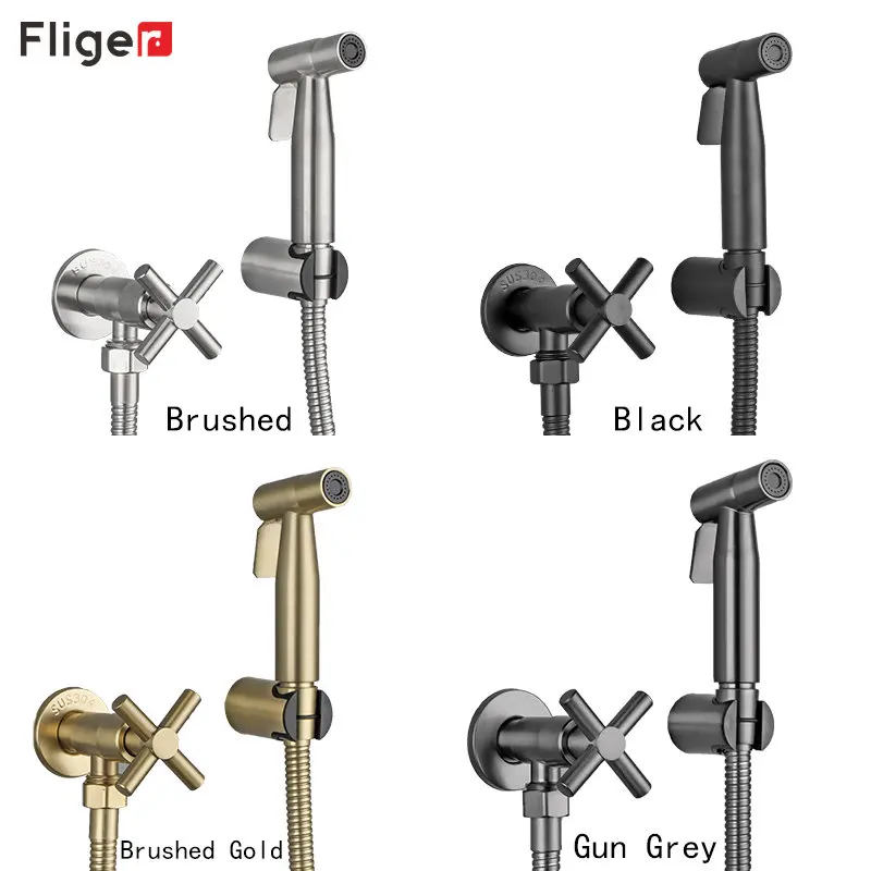 Fliger Gold Bidet Faucet Stainless Steel Toilet Faucet Handheld Bidet Sprayer Single Cold Water Shower Head Cross handwheel