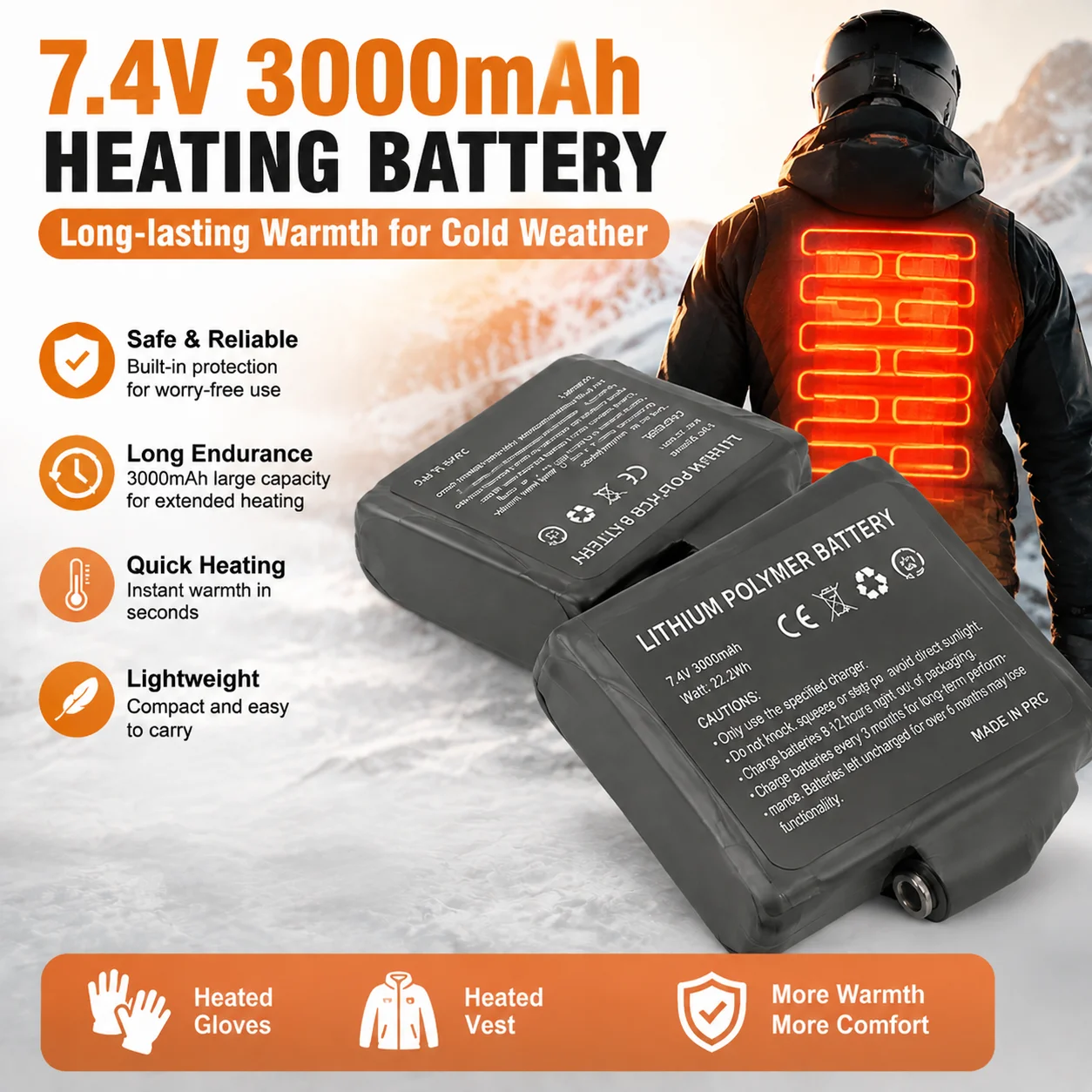 1-8PCS Heated Gloves Battery 7.4V 3000mah Lithium Polymer Battery for Heating Vest, Socks, Winter Antifreeze Saver Heat Battery
