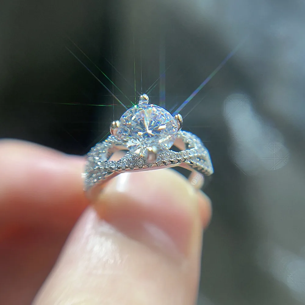 Round Brilliant Cut CZ Solitaire Engagement Ring Twist Split Shank Micro Pave Zircon Band for Women Bride Wedding Jewelry Gifts