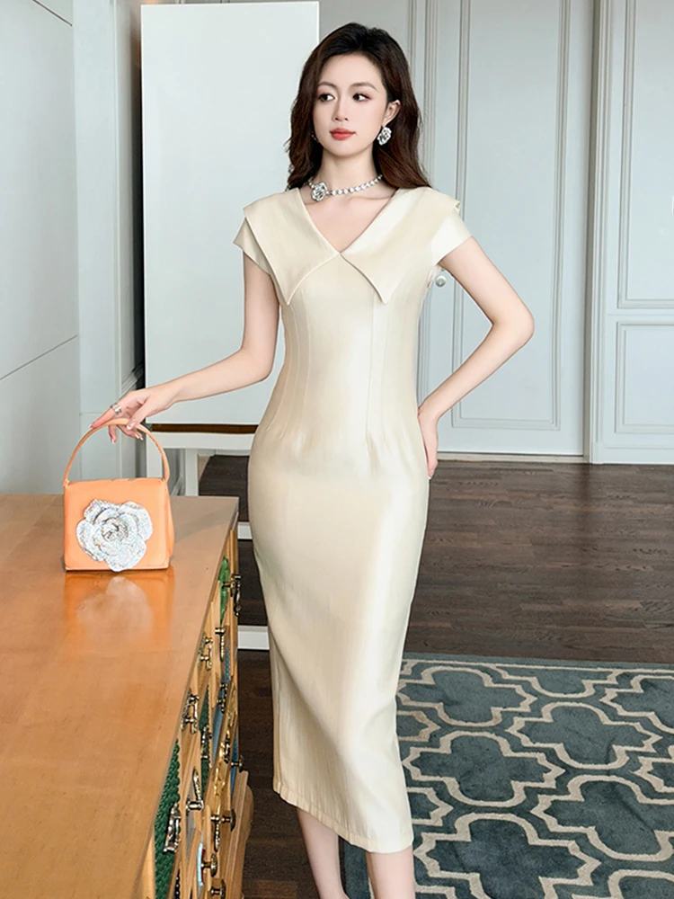 Summer pendolarismo Formal Occasion Dress abbigliamento donna elegante Lady Retro Solid Simple risvolto manica corta Slim Midi Pencil Vestidos