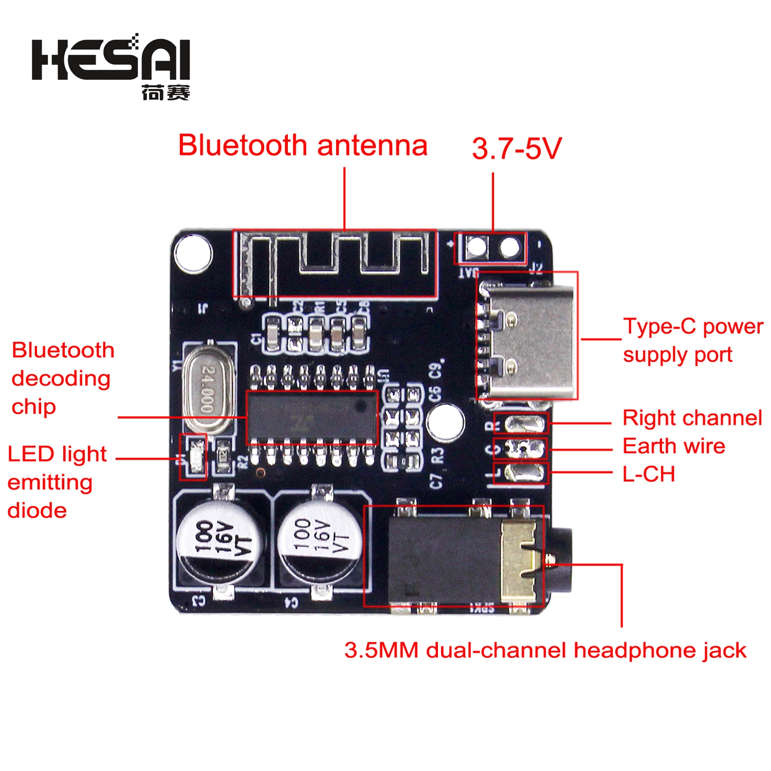 

3.7-5V Mini Bluetooth Stereo Audio Receiver Board Module With Mic for arduino MP3 Player Bluetooth Lossless Decoder Board Type-C