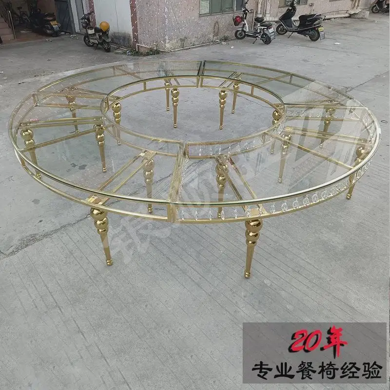 

Wedding table, hotel banquet hall large round table, tempered glass, dining table, stainless steel light luxury