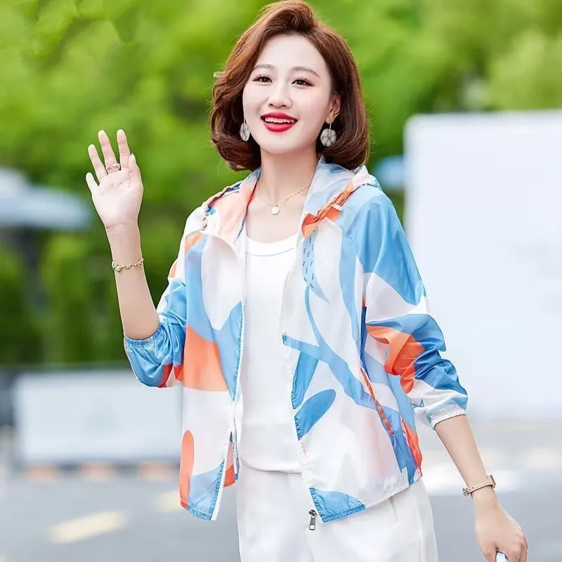 

2025 NEW Print Hooded Sun Protection Clothing Women's Summer Fall Outdoor Cycling Outerwear Sun Protection Thin Coat Jacket