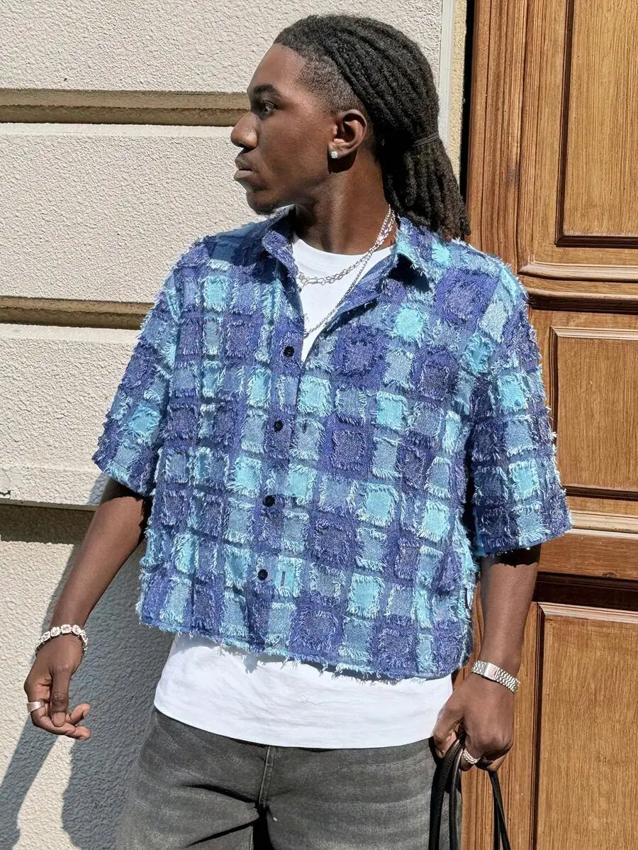 

Men's Textured Square Pattern Cropped Short Sleeve Shirt, Summer Streetwear