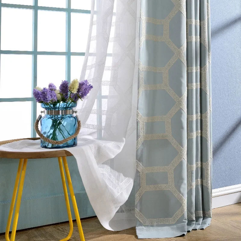 Modern Simple Embroidered Tulle Light Blue Camel Semi-blackout Window Curtains for Living Dining Room Bedroom Study Hotel Home