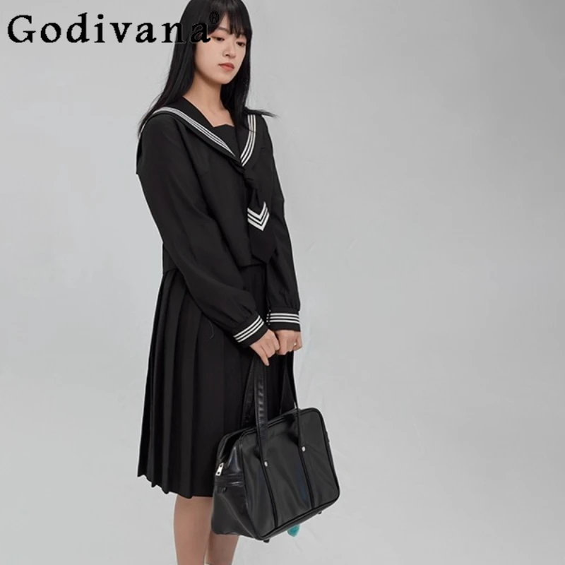 

Jk Black Sailor Embroidery College Japanese Long Sleeve Fashion Shirt Girl Spring Autumn Versatile Age-reducing Pleated Skirt