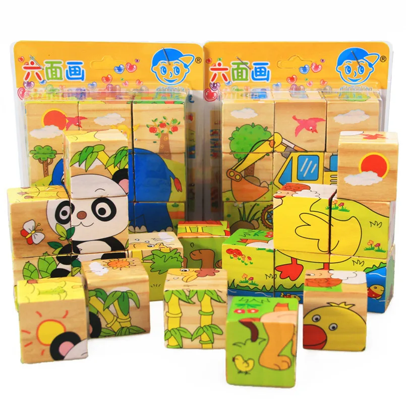 

Montessori 3D Wooden Blocks Toys Six Side Cube Jigsaw Puzzles Game Animal Fruit Traffic Cognition Children Baby Educational Toys