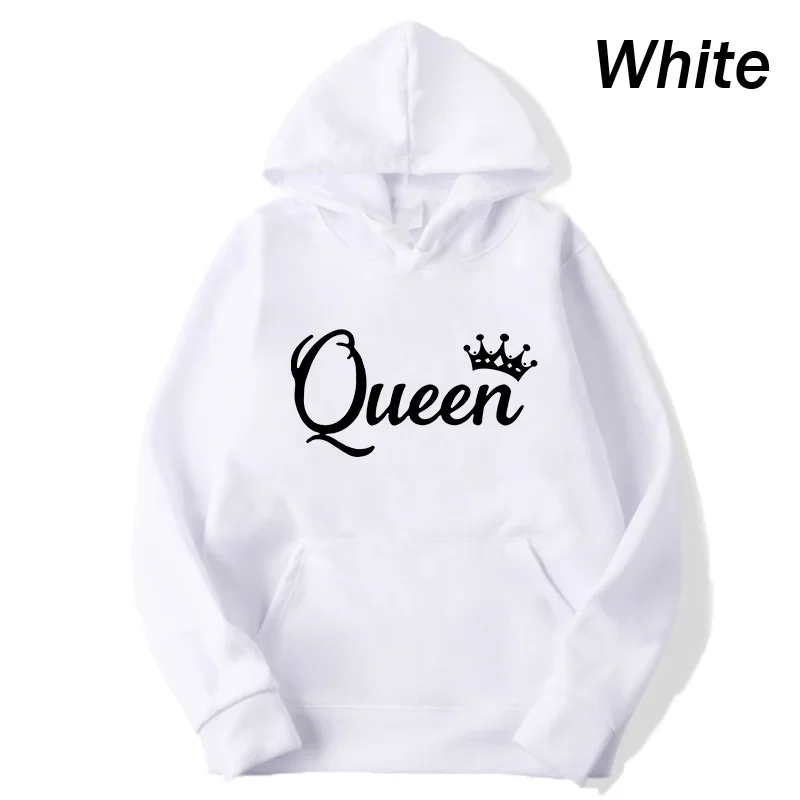 Fashion Women Long Sleeve Pullover Hooded Sweatshirts Unisex King and Queen Print Hoodies Casual Streetwear Couple Sweat