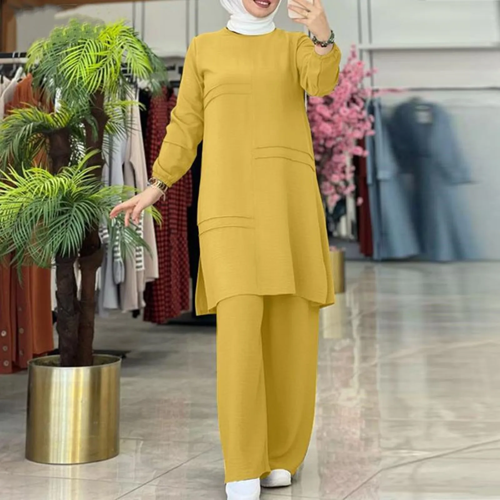 Women's Muslim Robe Two Pieces Sets Solid Color Long Sleeve Button Shirt And Wide Leg Pants Elegant Temperament Dubai Outfits