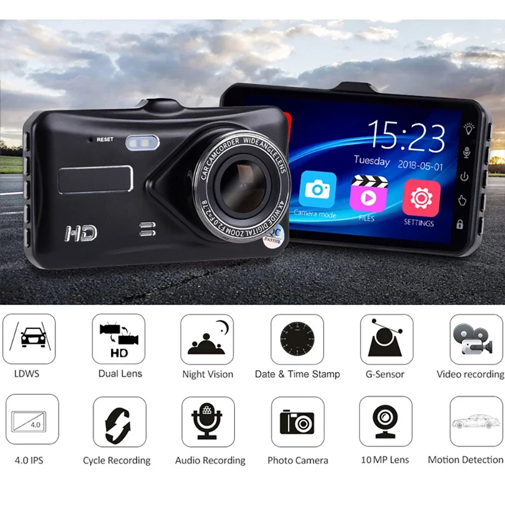 4 Inch Touch Screen HD 1080P Car DVR Dashcam Video Recorder Rear View Camera Dual Lens 24H Parking Monitor Dash Cam Black Box