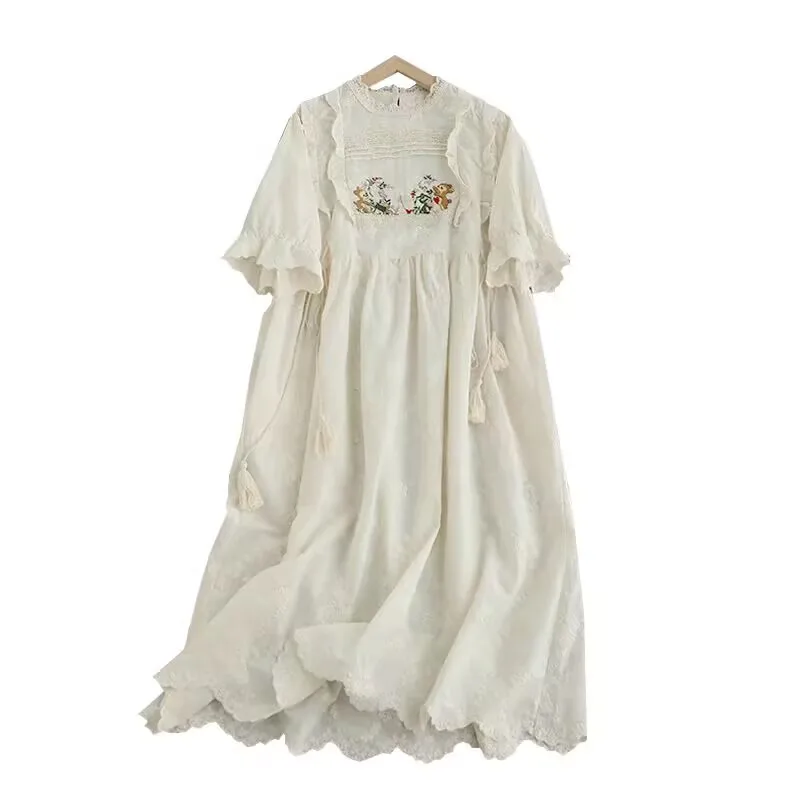 Cotton Embroidered Dress Short Sleeve Solid Color Women Summer Dress Japan Mori Girl  Vestidos