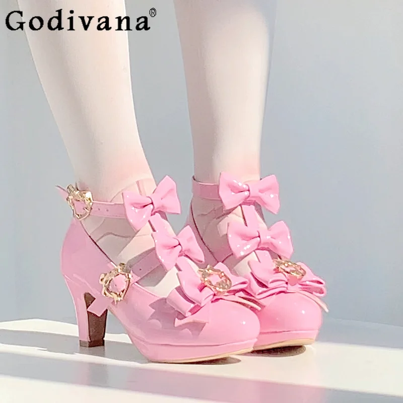 

Ladies Sweet Flower Wedding Pink High Heels Women's Cute Bow Elegant Mary Jane Shoes Spring and Summer New Japanese Lo Pumps