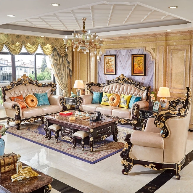 

#@ European Luxury Antique Living Room Sofa Set - Royal Carved Solid Wood Frame Leather 1-3 Seater, Carved Luxury Home Furniture