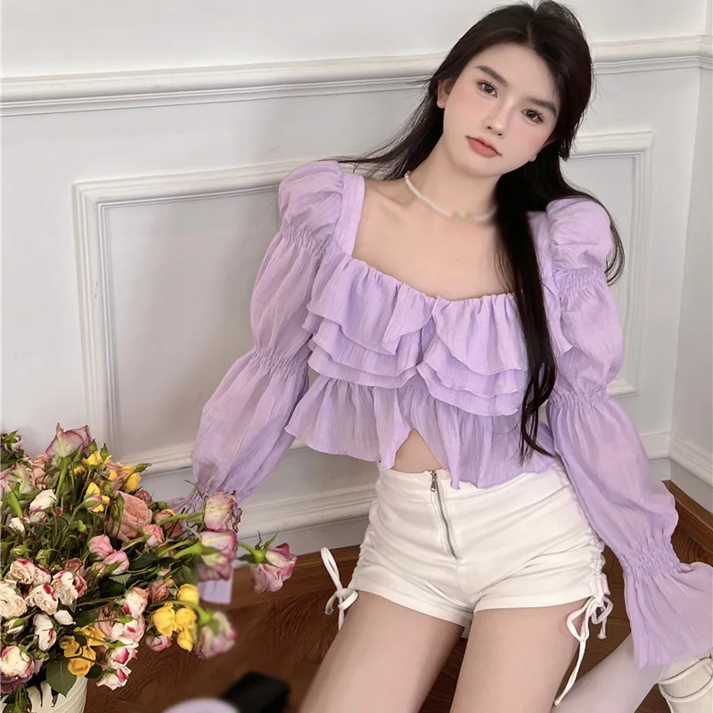 Women Square Collar Ruffle Crop Top Long Sleeve Sexy Casual Chiffon Blouse Fashion Summer All-Matching Tops