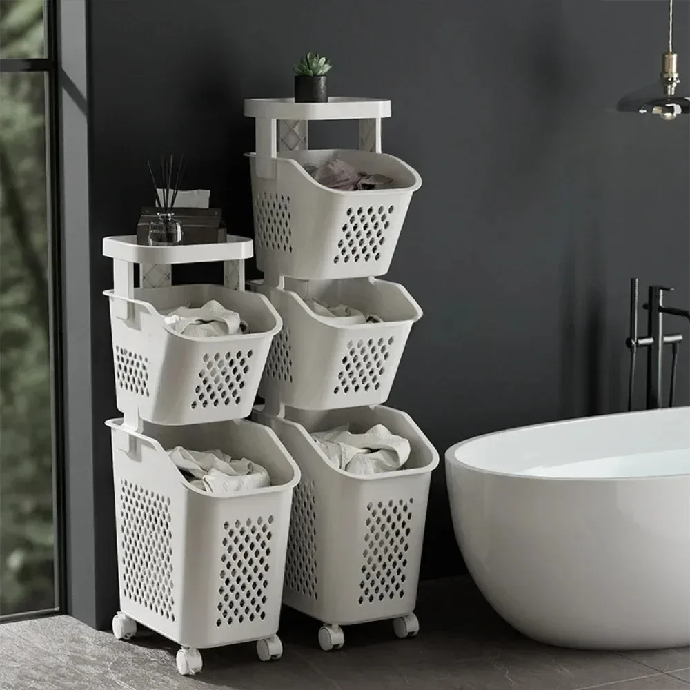 Multilayer Laundry Storage Basket Wheels Pp Plastic Laundry Baskets With Wheel Household Sundries Bathroom Toilet Storage Rack