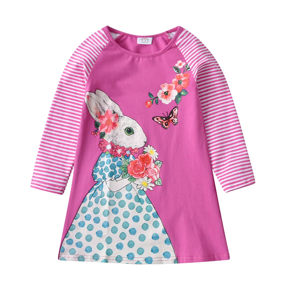 VIKITA Girls Pink Bunny Rabbit Cartoon Print Straight Dress Toddlers Cotton Casual Daily Long Sleeve Autumn Spring Outfits Frock view 2