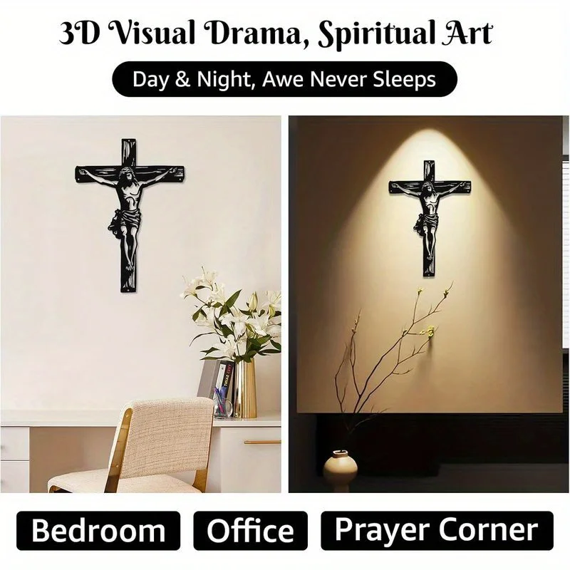 Waterproof Black Metal Jesus Crucifix Cross Wall Art - Metal Sign Wall Sculpture, Perfect for Christian Home Decor