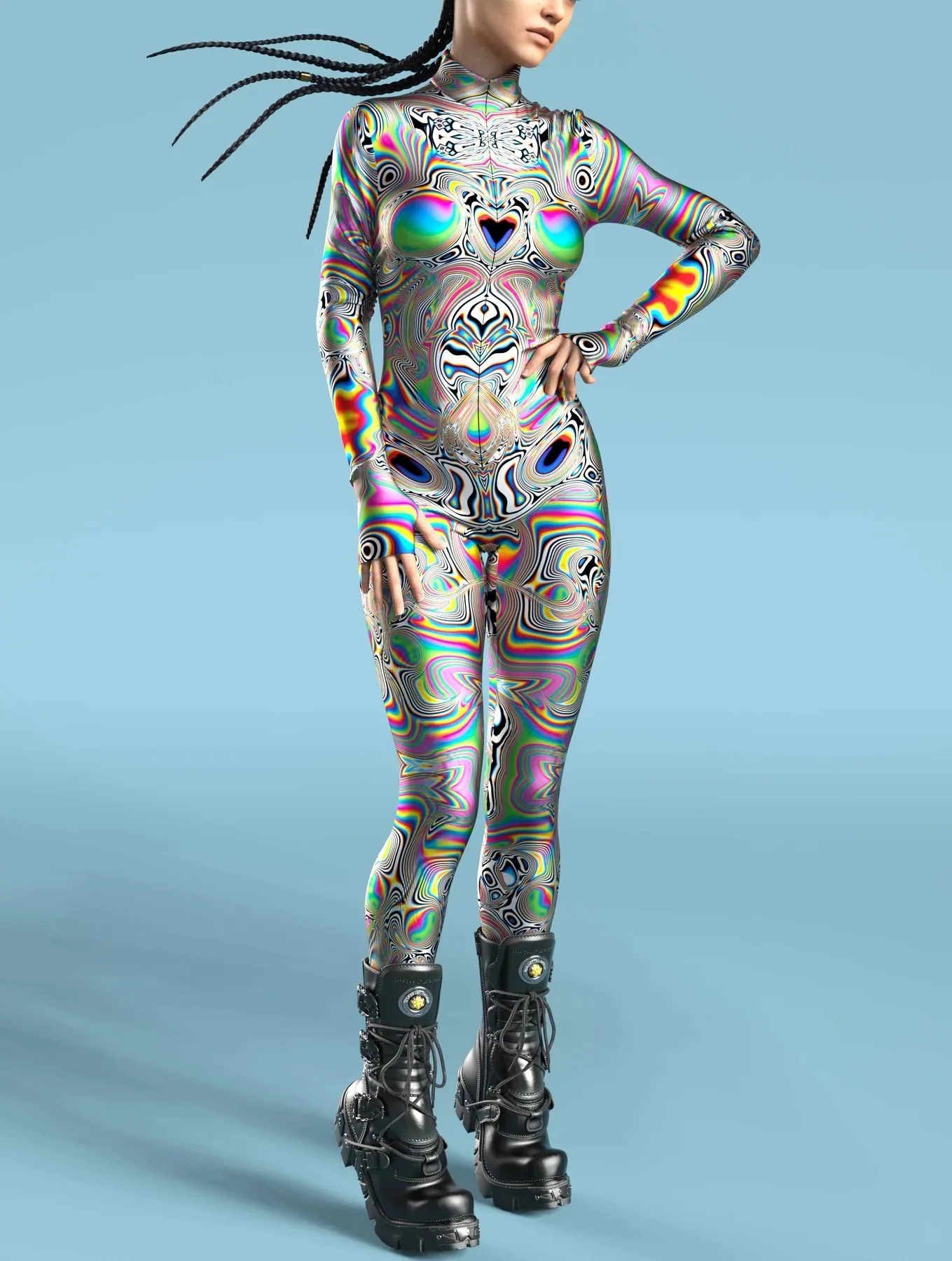 Damen Mehrfarbiger 3D-Druck Festtagsparty Regenbogen Sexy Enger Bodysuit Punk Cosplay Kostüm Performance Romper – Detail 20