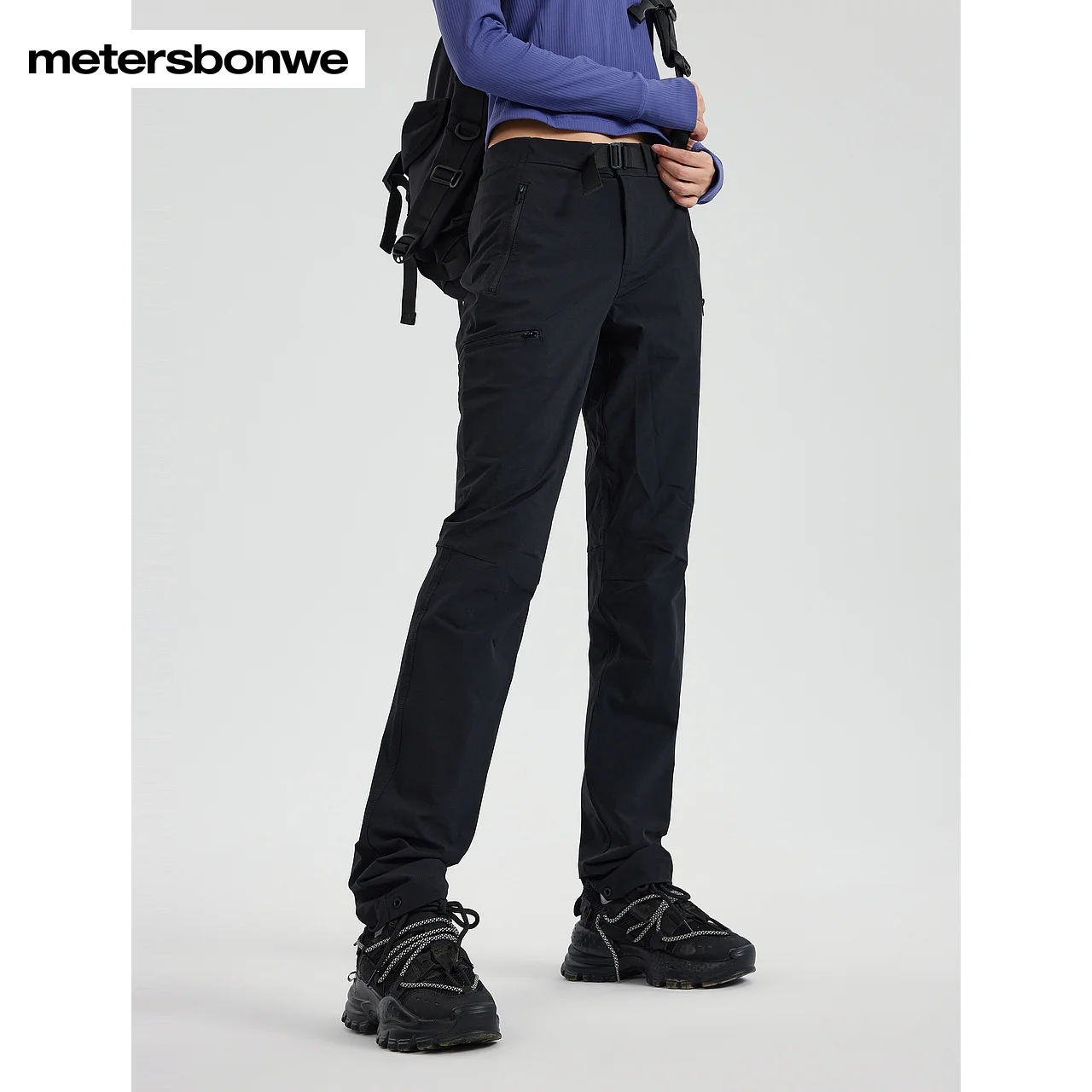 

Metersbonwe-Women's Outdoor Small Feet Pants Elastic Fabric Triangular File Design Trouser Waist Buckle Pocket Zipper Autumn