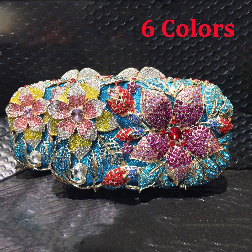 

White Formal Crystal Evening Clutches Flower Bags 6 Colors Gold Metal Wedding Purse Rhinestone Blue Women Bridesmaid Handbags