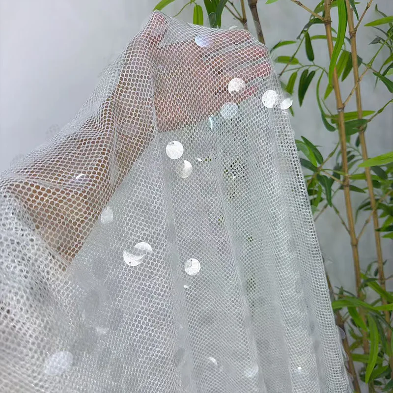 Sequins Embellished Tulle Fabric Sparkly Mesh Netting Cloth for Wedding Birthday Party Evening Stage Performance Dress Fabric
