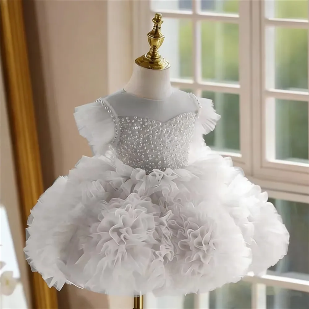 

Luxury Beading Flower Girl Wedding Dress Layered Princess Cake Skirt Baby Girl Birthday Party Ball Gown Kids Evening Prom Dress