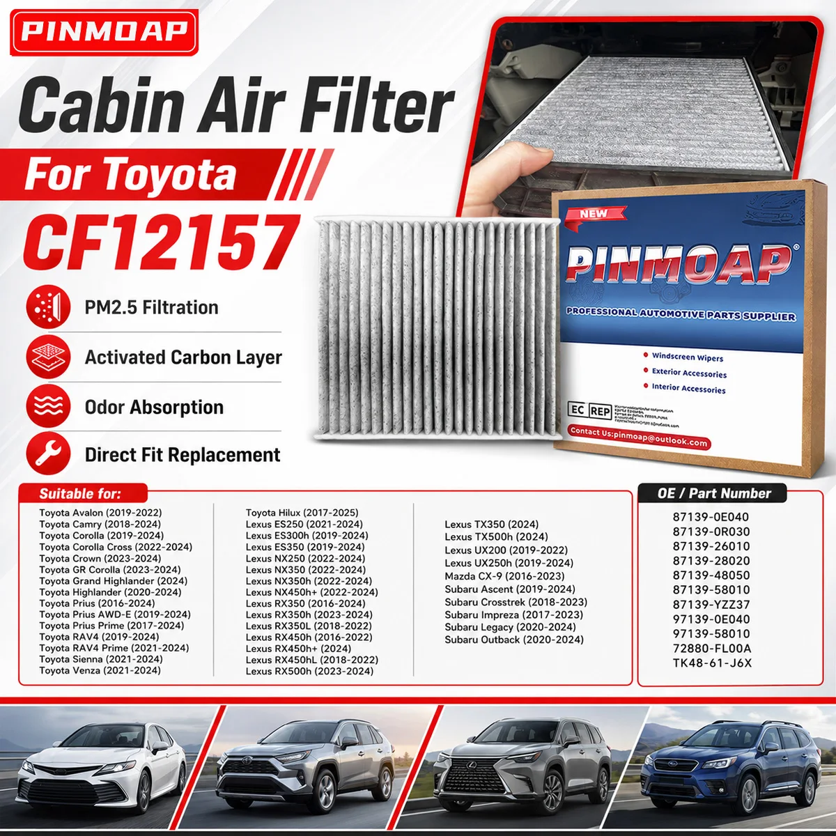 PINMOAP Aktivkohle-Innenraumluftfilter 87139-0R030 72880-FL00A Auto-Innenraum-Klimaanlagenfilter für Toyota Camry Crown RAV4 Lexus ES250 – Detail 1