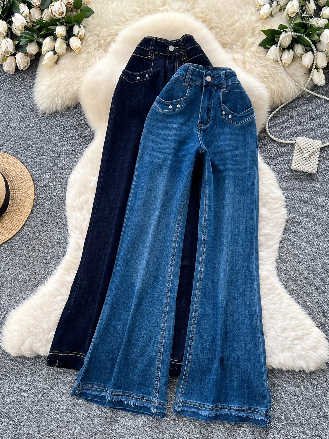 

American Sle Spicy Girl High Waist Bell Bot Denim Jeans Women's Autumn 2025 New Heavy Embellied Straight Leg Jeans