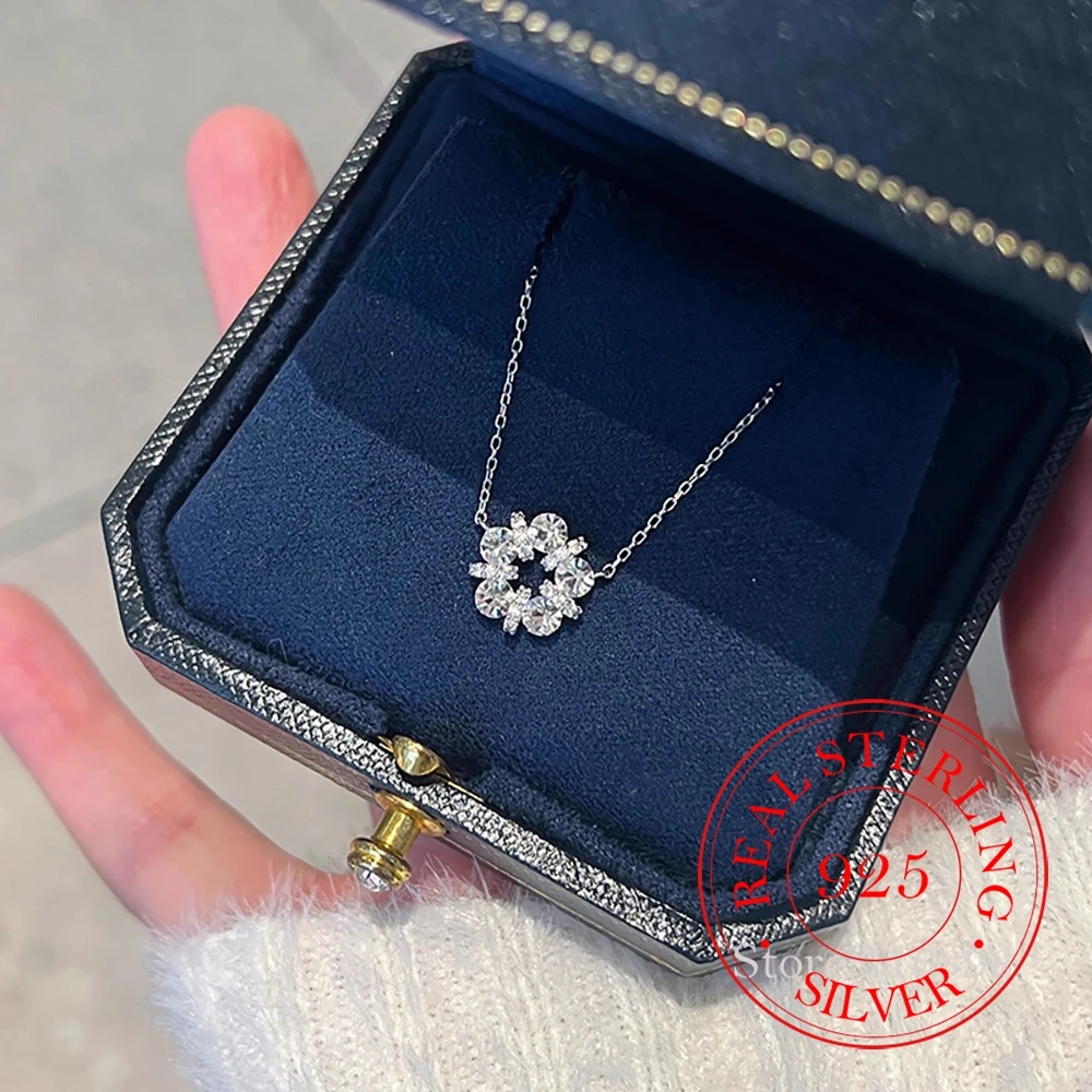 

925 Sterling Silver Exquisite Crystal Lucky Garland Flower Pendant Necklace For Women Choker Chain Wedding Party Jewelry Gift